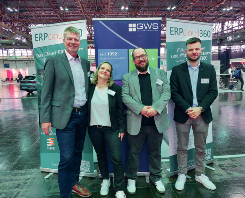 Das GWS-Team beim E/D/E Branchentreff v. l.n. r.: Hermann Trecksler, Sabine Hoffmann, Patrick O’Neill, Jan-Philipp Klöpper. Axel Büscher hinter der Kamera.