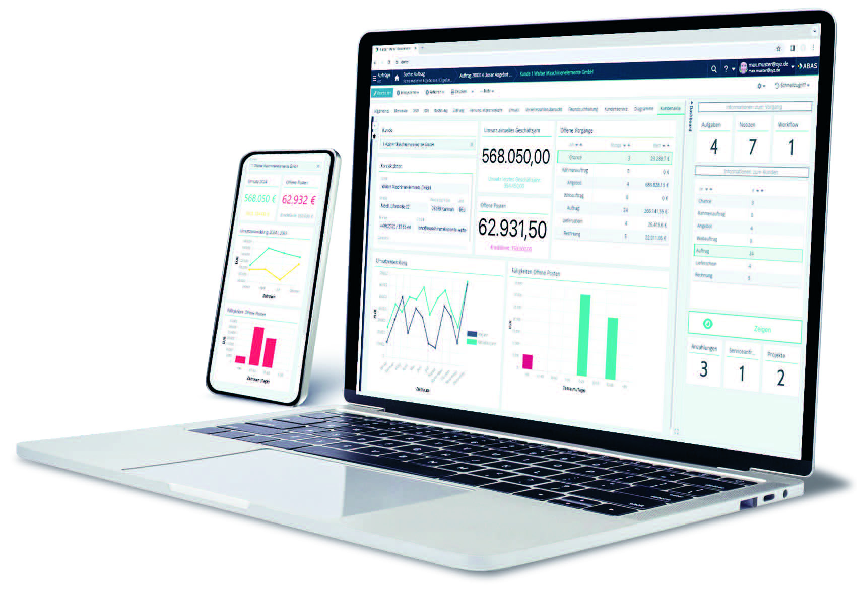 ERP Information 3/2025: Produktreports, Abas ERP, Bild 1 zeigt einen Laptop-Bildschirm mit statistischen Auswertungen
