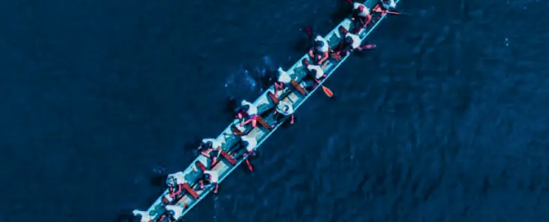 Steckbrief dynasoft AG, Bild 1. Das Bild zeigt ein Ruderboot mit mehreren Personen darin. Motto: Alle in einem Boot.