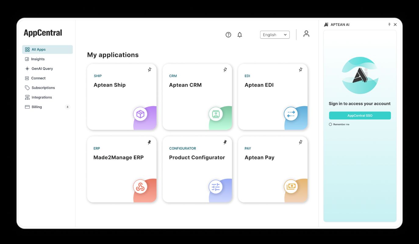Benutzeroberfläche von AppCentral. Apteam